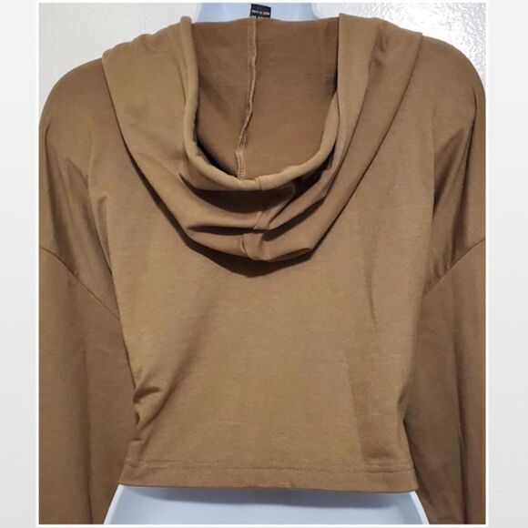 Large Tan Cropped Long Sleeve Hoodie Zip Up Top - Picture 6 of 11